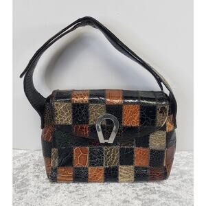 Vintage Womens Leather Multi-Color Patchwork Pattern Shoulder Handbag